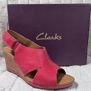 Clarks | Shoes | Clarks Red Slingback Corkscrew Peep Toe Wedges | Poshmark